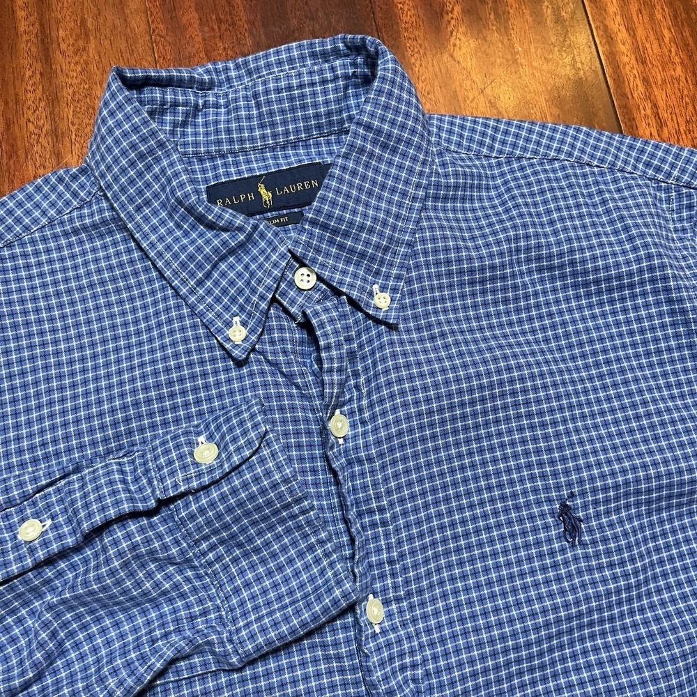 Ralph Lauren Shirt‎ Men Large Blue Plaid Button Down Slim Fit Polo Dress Preppy